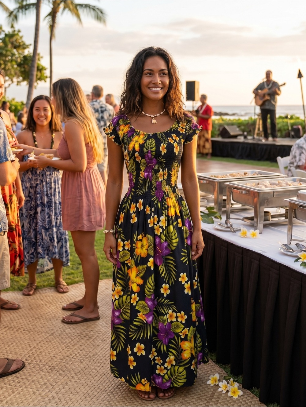 Aloha Fashion Women's Black Purple Floral Hawaiian Tropical Vacation Maxi Dress